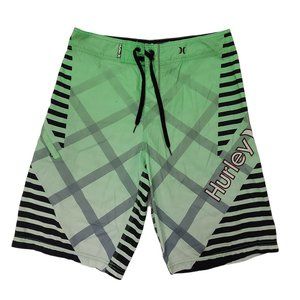 Hurley Board Shorts Mens 30 Green Drawstring Striped Swim Surf Summer Beach